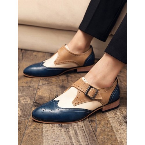 Colorblock Buckle Strap Business Faux Leather Shoes