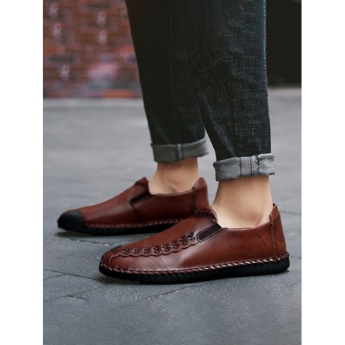 Men Manual Sewing Solid Color Leather Shoes