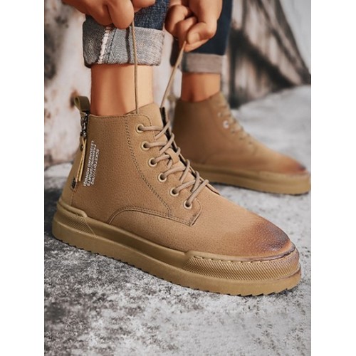 Faux Suede Letter Print Side Zip Combat Boots