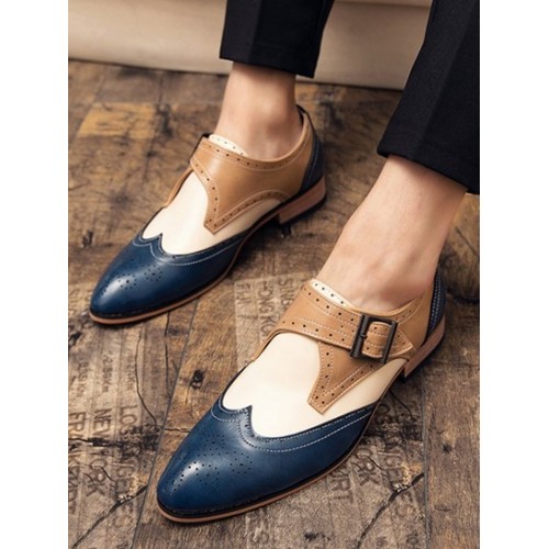 Colorblock Buckle Strap Business Faux Leather Shoes