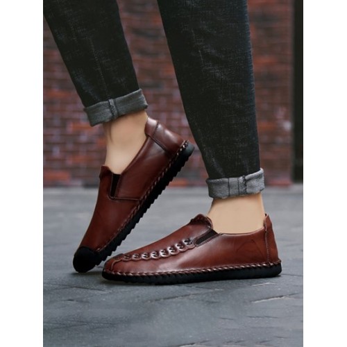 Men Manual Sewing Solid Color Leather Shoes