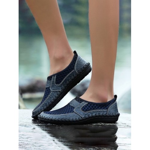 Men Mesh And Cowhide Spliced Slip On Casual Shoes