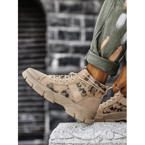 Patch Decor Camo Pattern Lace Up Canvas Combat Boots