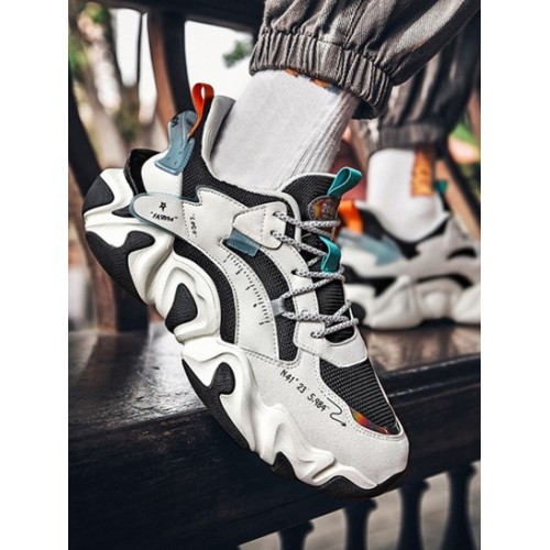 Letter Colorblock Mesh Cloth Spliced Lace Up Chunky Sneakers