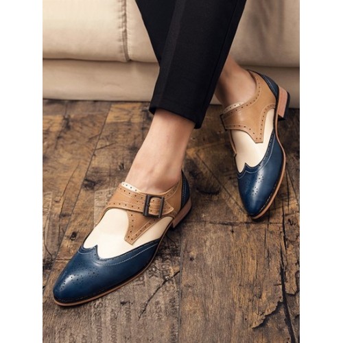 Colorblock Buckle Strap Business Faux Leather Shoes