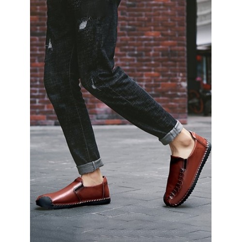 Men Manual Sewing Solid Color Leather Shoes