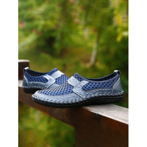 Men Mesh And Cowhide Spliced Slip On Casual Shoes