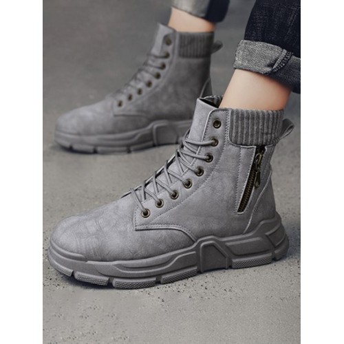 Pair Of Lace Up PU Zip Decor Ankle Boots